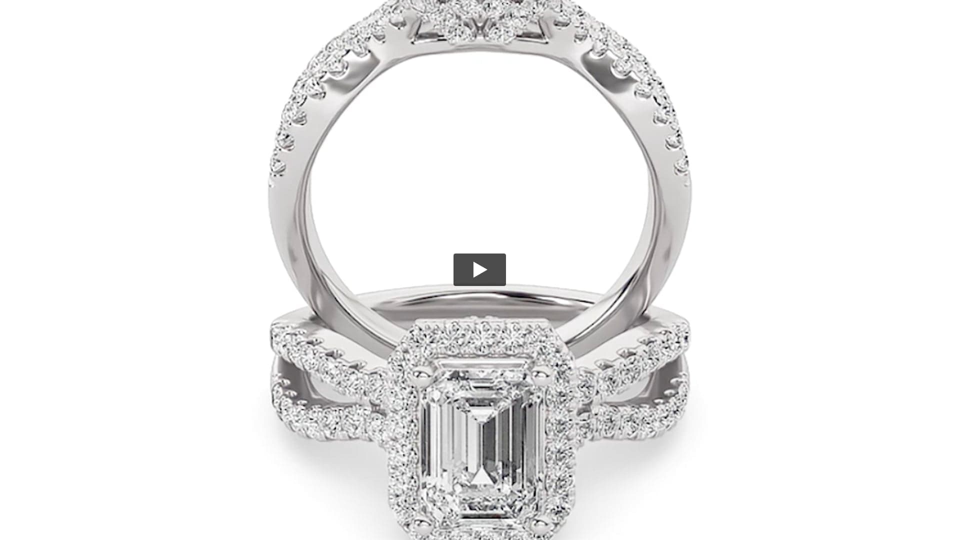 Emerald Lab Diamond Split Shank Halo Accented Engagement Ring product-video preview