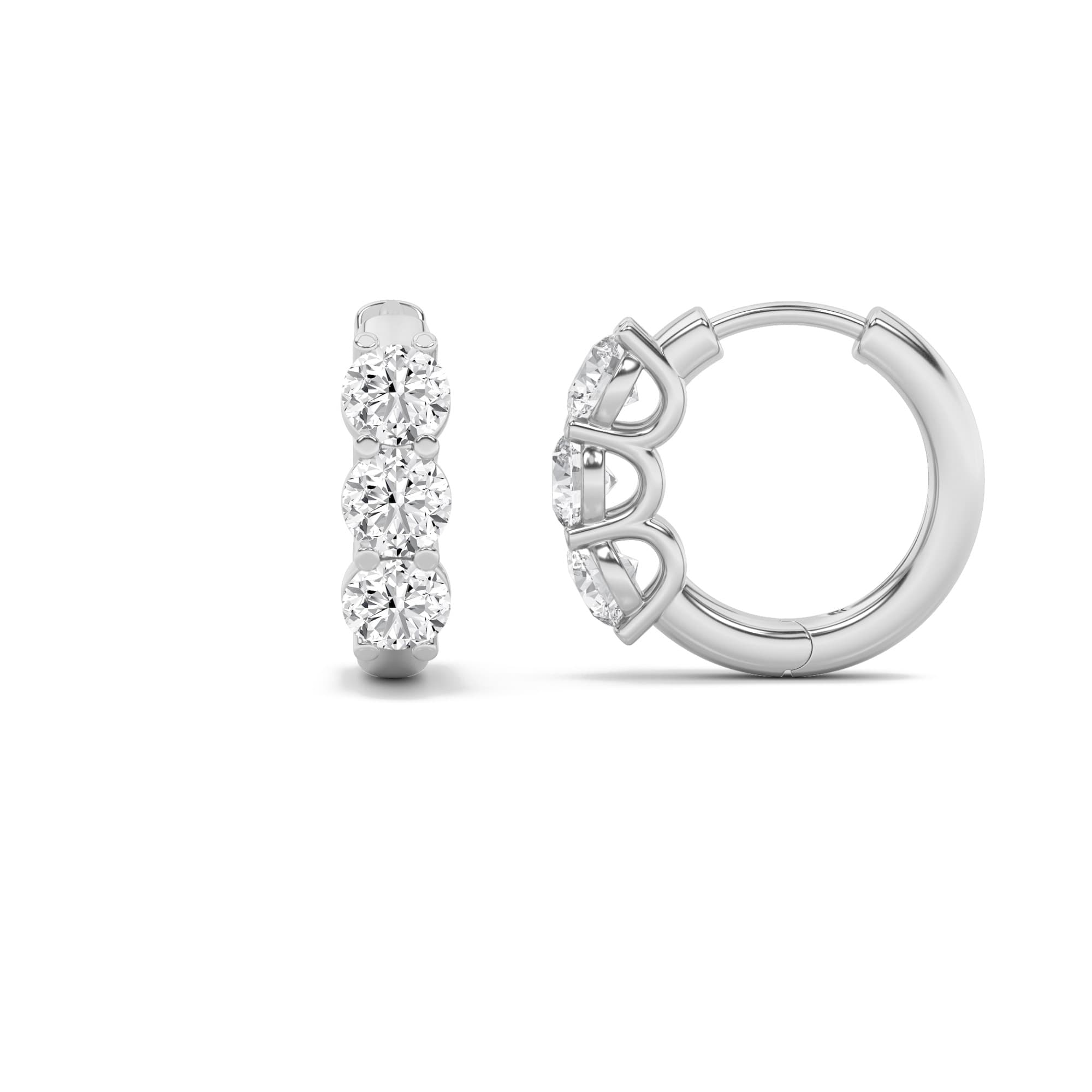 Round Lab Diamond ThreeStone Huggie Earrings — 2 ct total weight in 14k white gold · product view 7