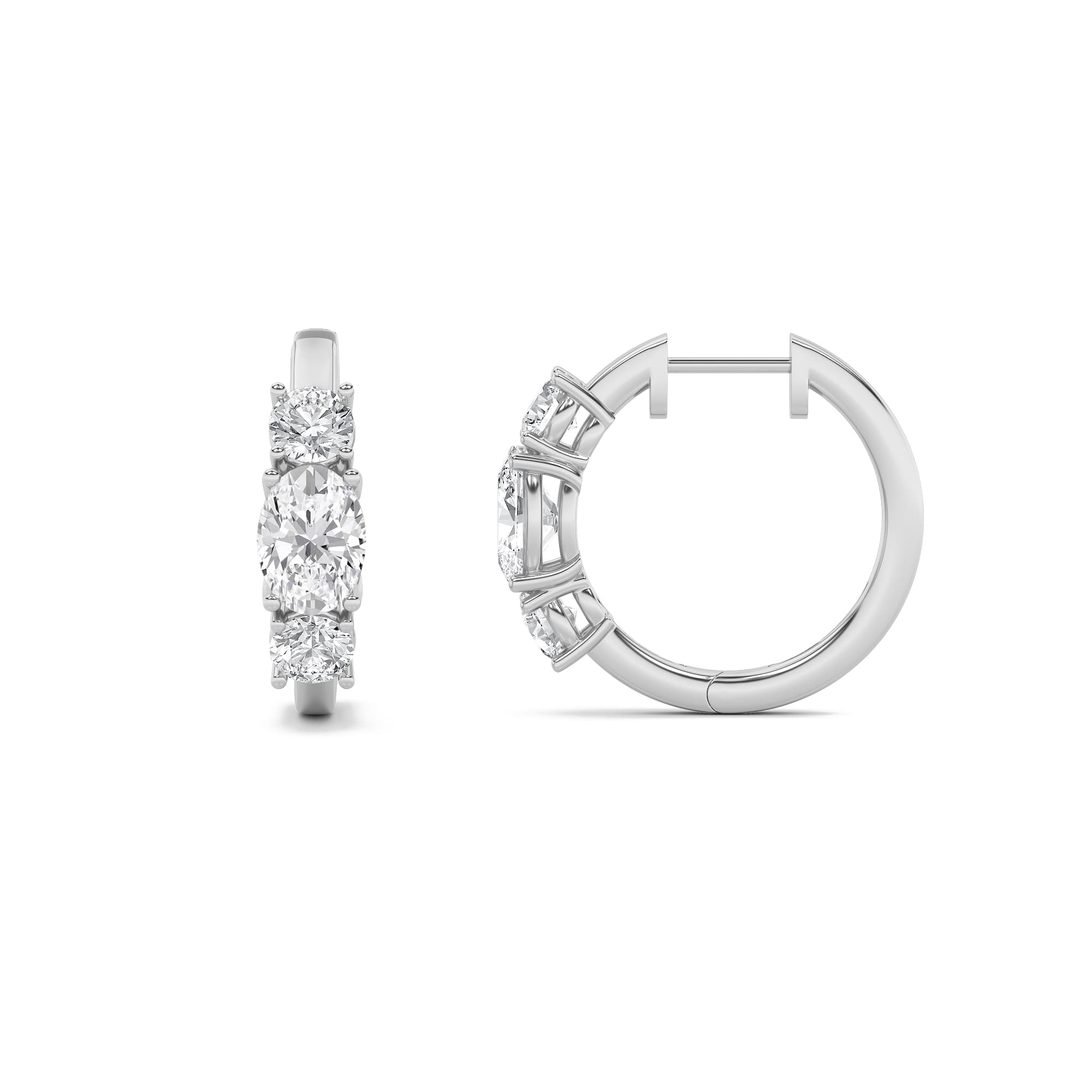 Oval Lab Diamond Three Stone Huggie Earrings — 2.5 ct total weight in 14k white gold · product view 1