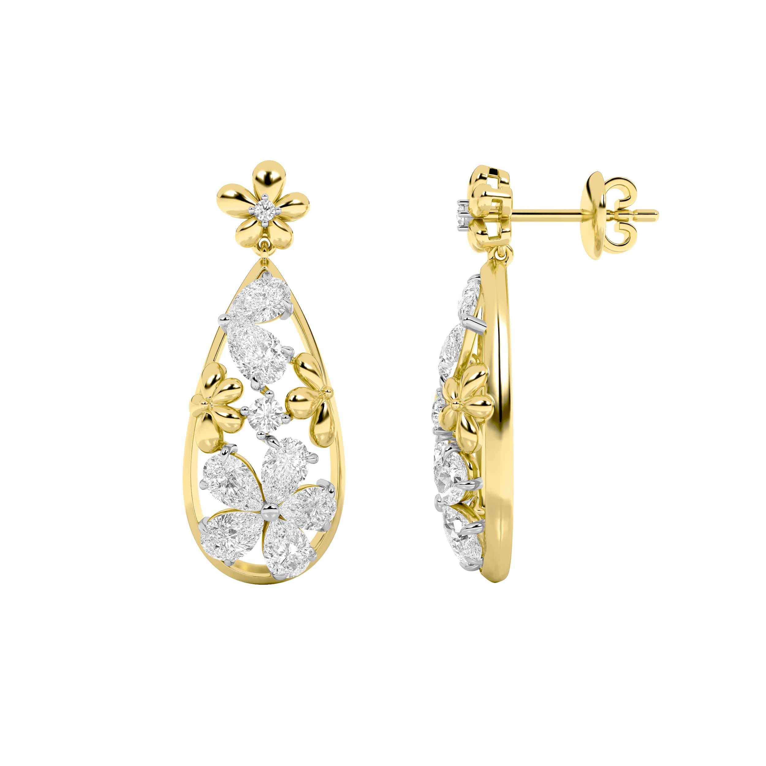Pear Lab Diamond Fancy Flower Earrings — 3.75 ct total weight in 14k yellow gold · product view 1