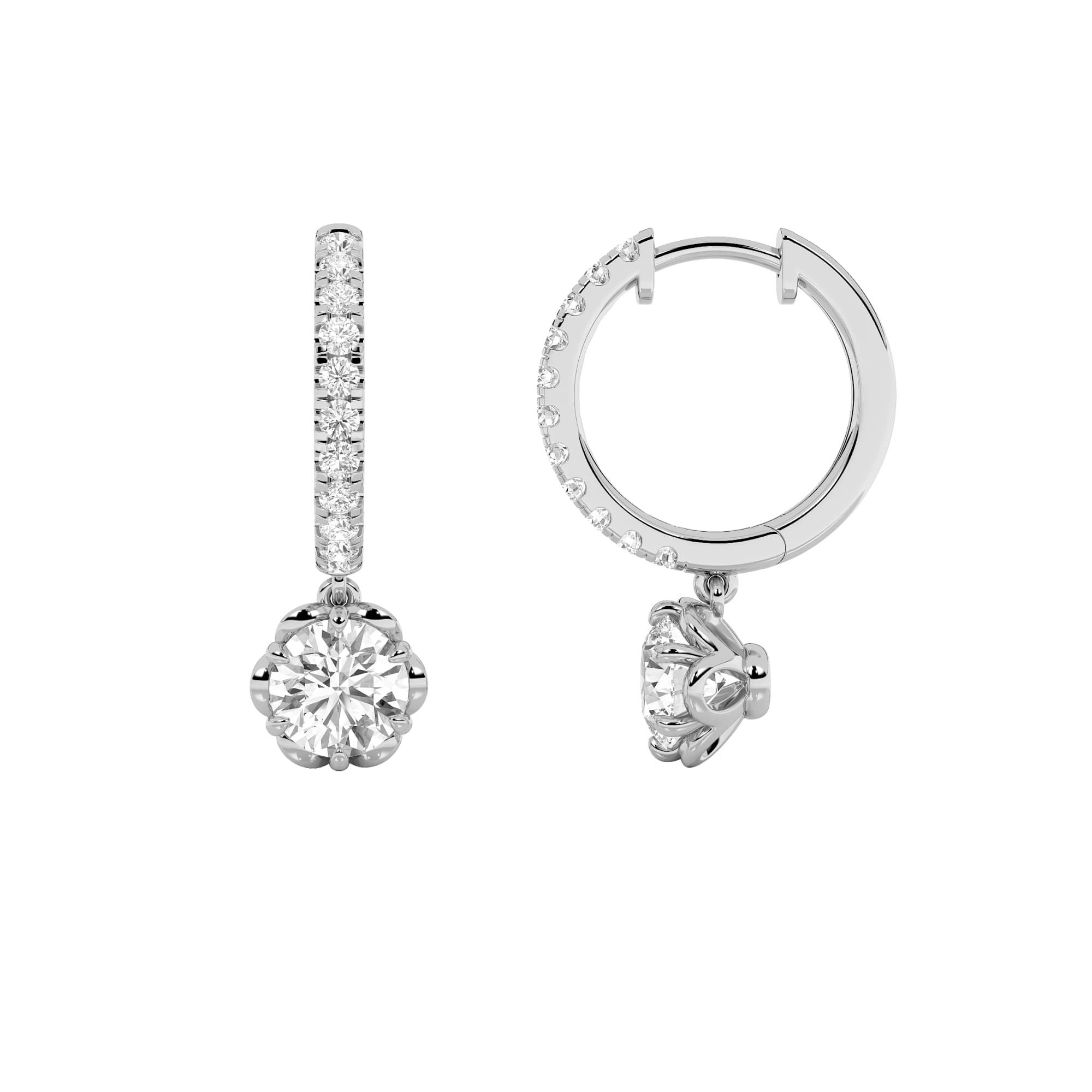 Round Lab Diamond Dangle Hoop Earrings — 2.5 ct total weight in 14k white gold · product view 1