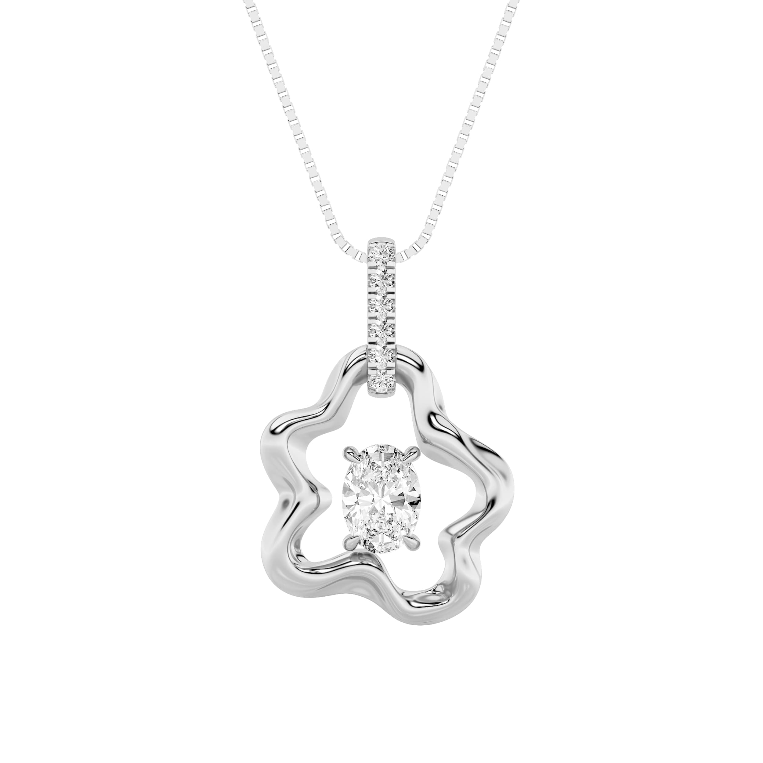 Oval Lab Diamond Organic Design Solitaire Pendant — 1 ct total weight in 14k white gold · product view 1