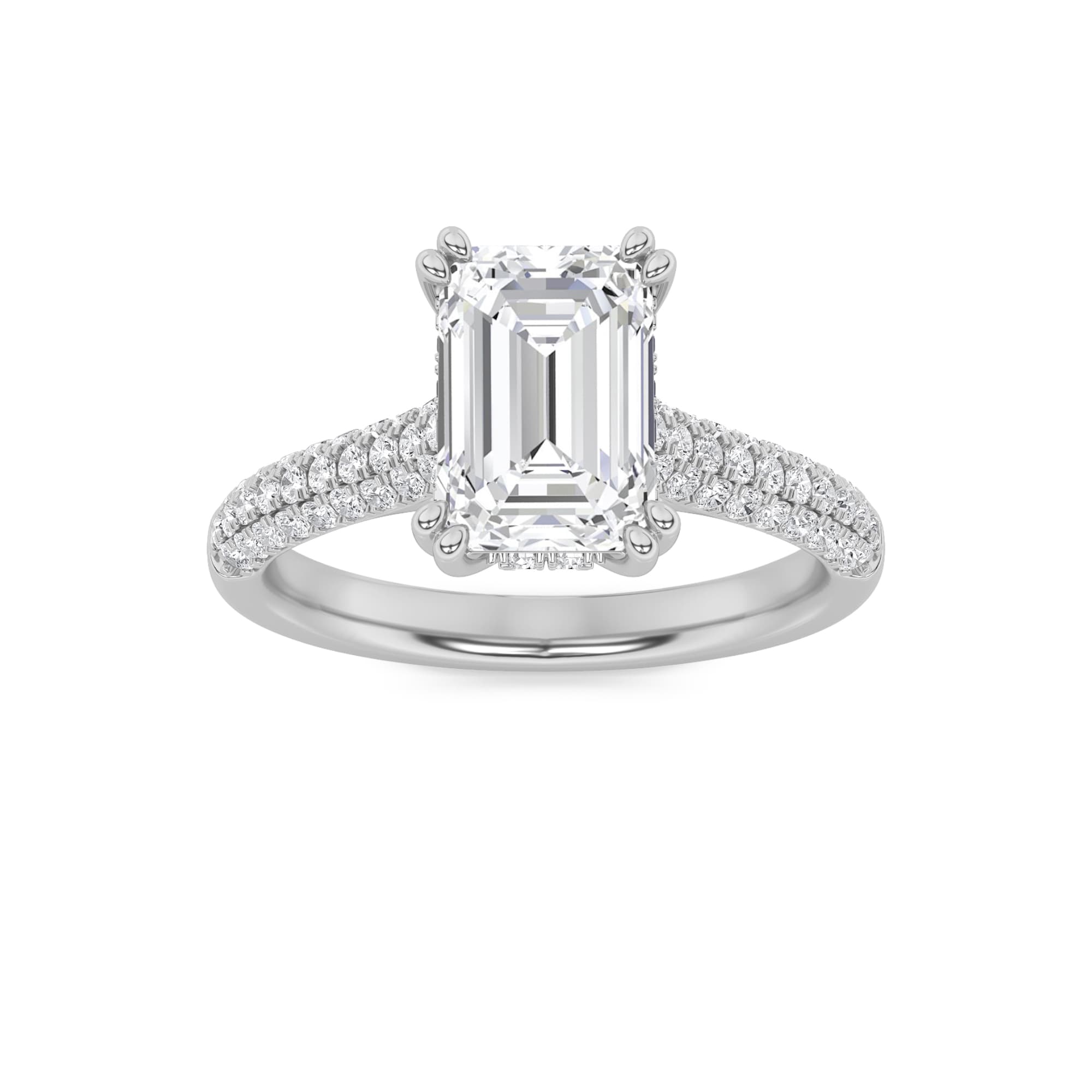 Emerald Lab Diamond Triple Row Accented Engagement Ring — 3 ct total weight in 14k white gold · product view 1