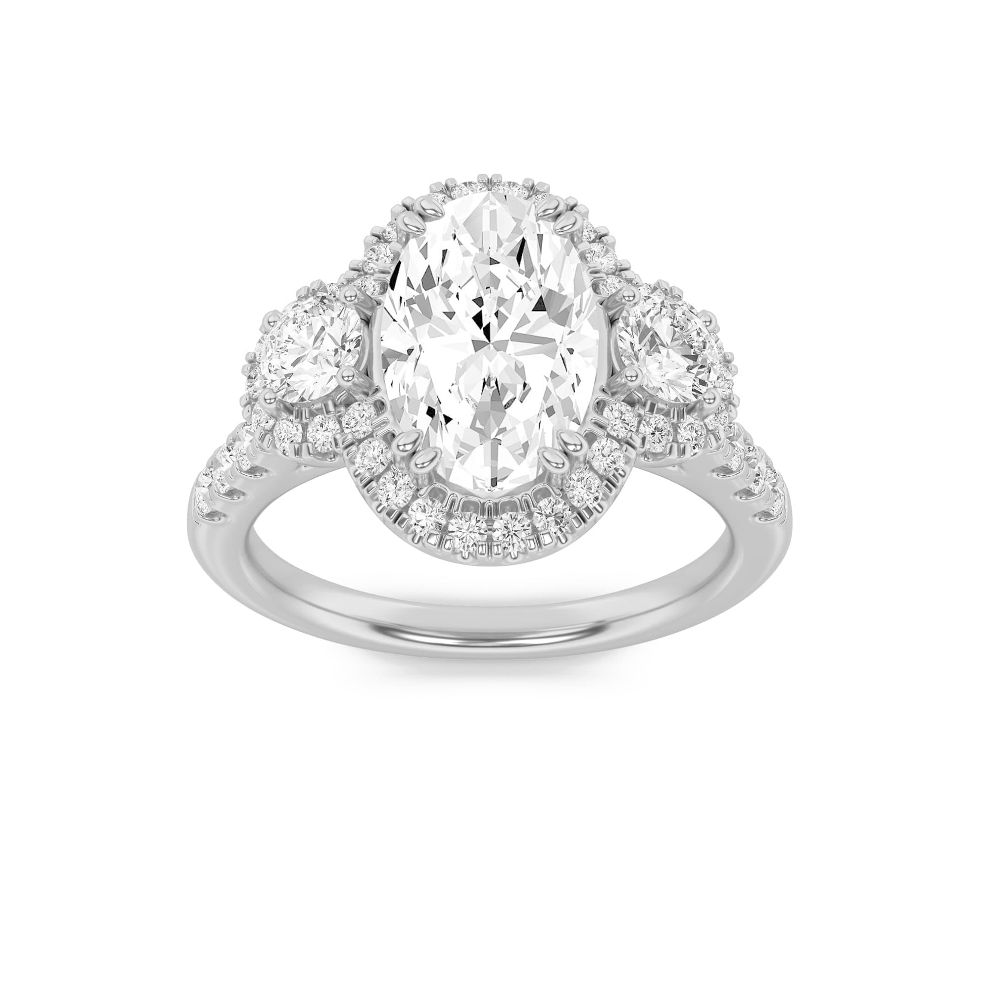 Oval Lab Diamond Three Stone Accented Ring — 3 ct total weight in 14k white gold · product view 1