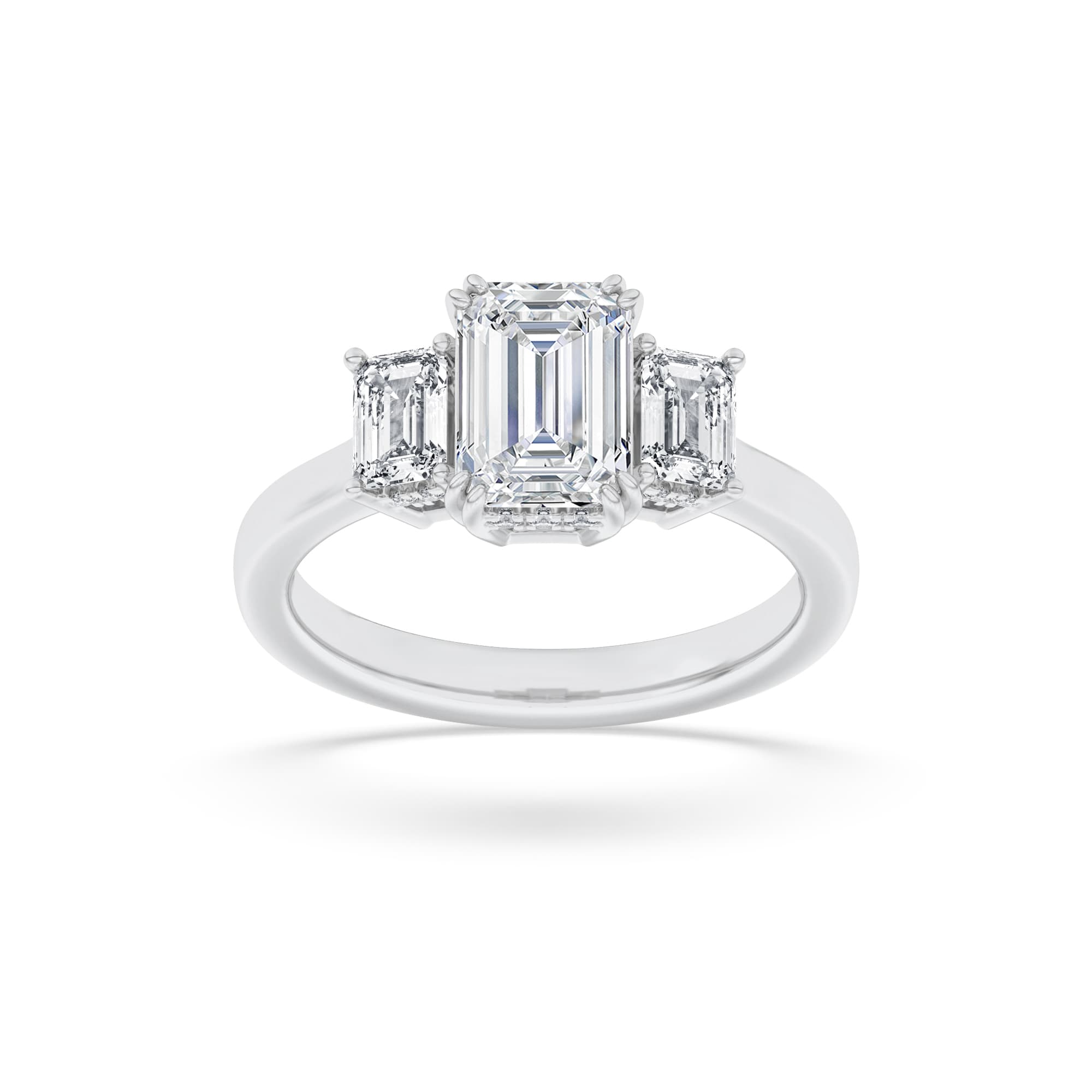 Emerald Lab Diamond Three Stone Accented Ring — 3 ct total weight in 14k white gold · product view 1