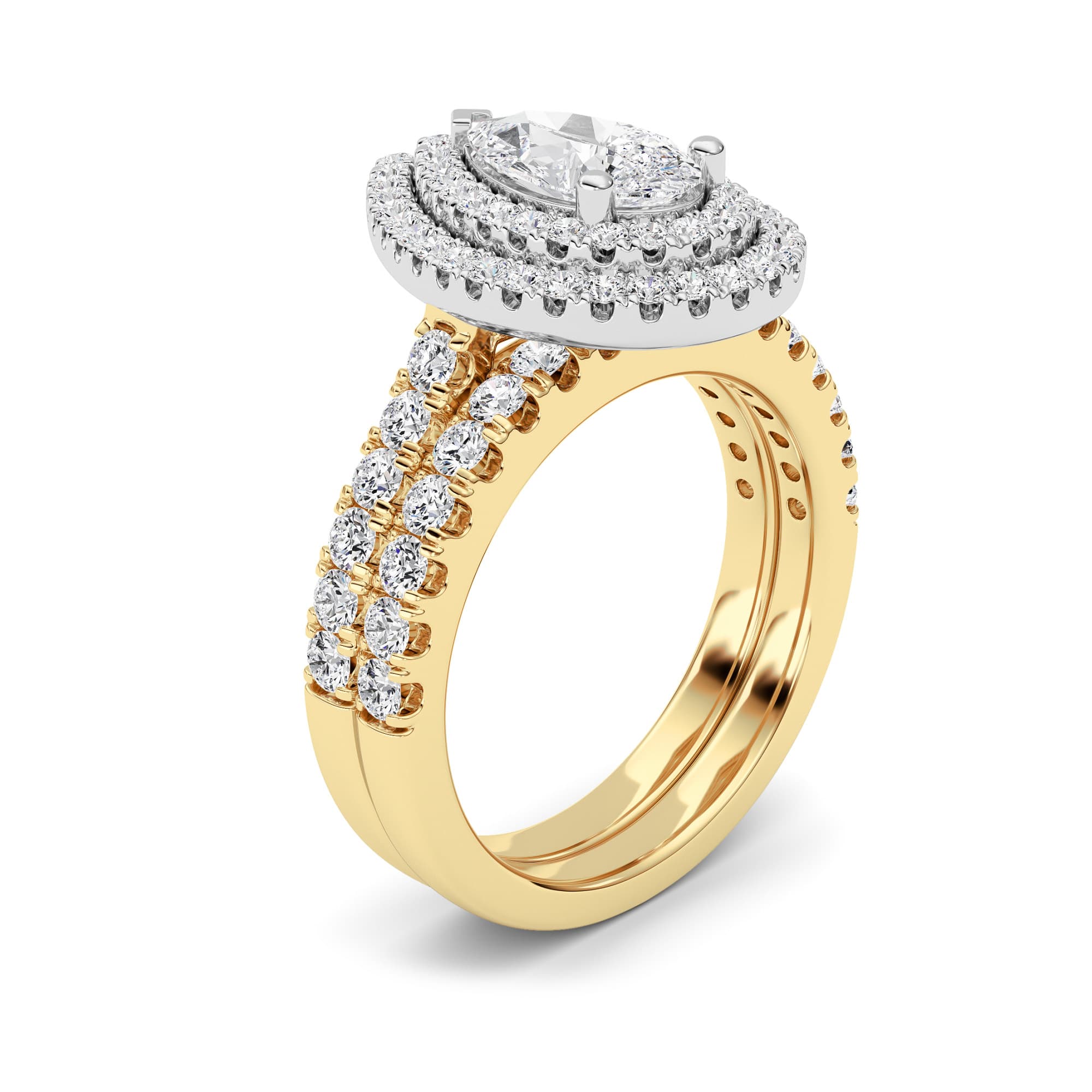 Pear Lab Diamond DoubleHalo Bridal Set Engagement Ring Set — 2 ct total weight in 14k yellow gold · product view 1