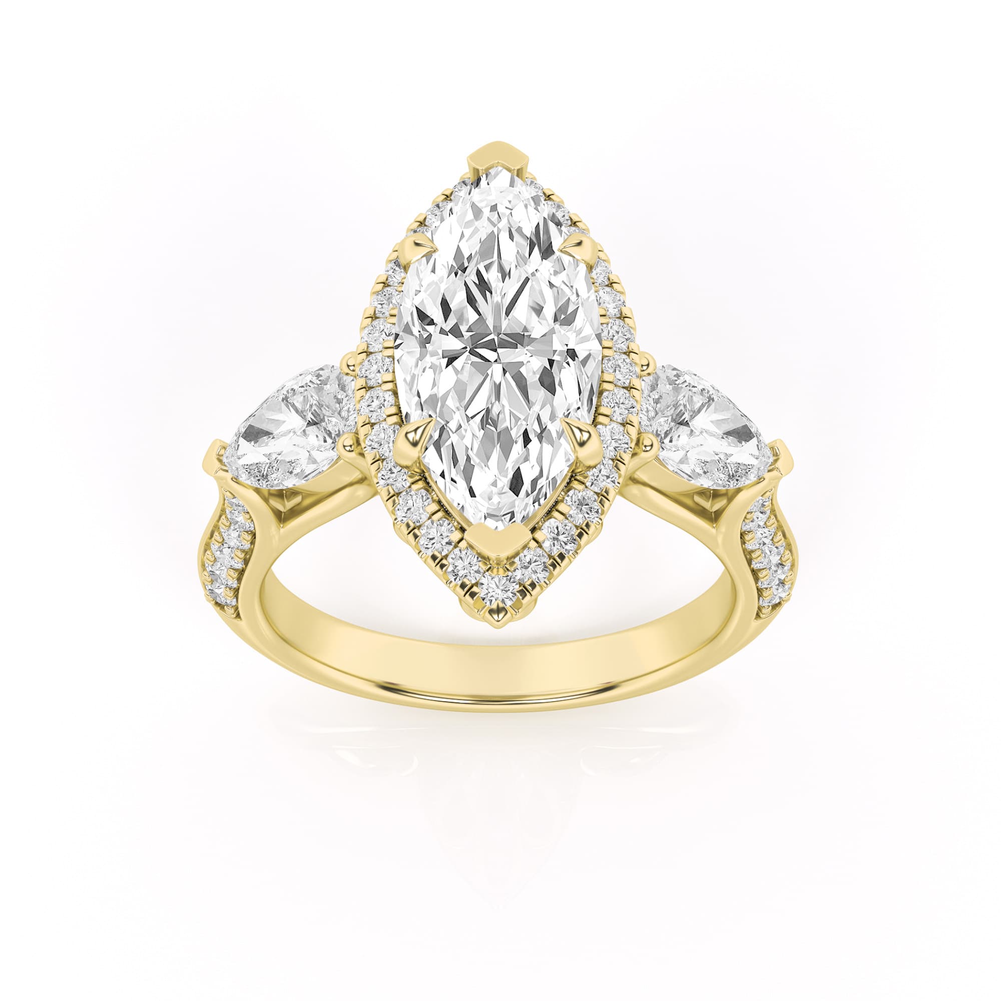 Marquise Lab Diamond Three Stone Halo Enagement Ring — 3 ct total weight in 14k yellow gold · product view 1