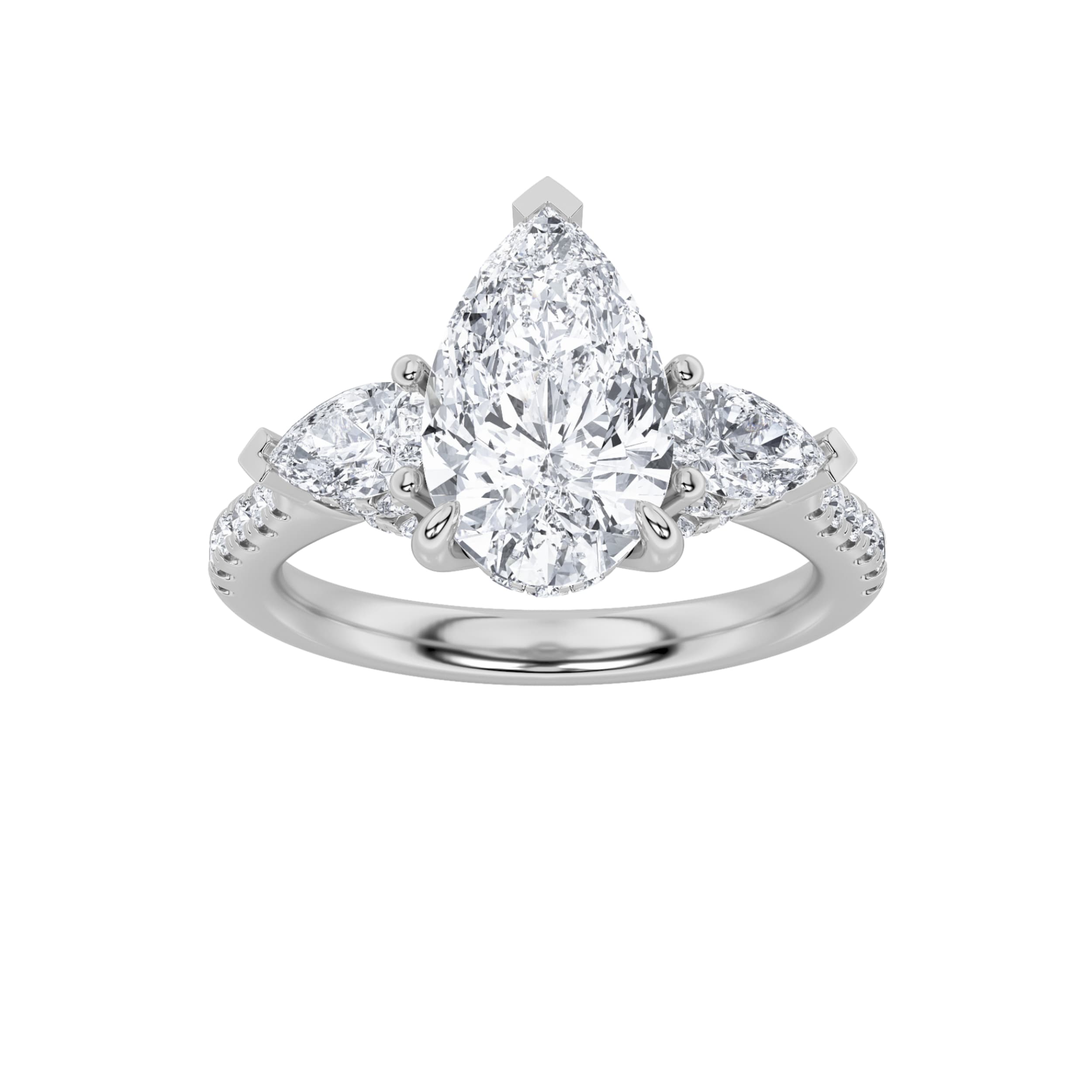 Pear Lab Diamond Three Stone Accented Engagement Ring — 3 ct total weight in 14k white gold · product view 1
