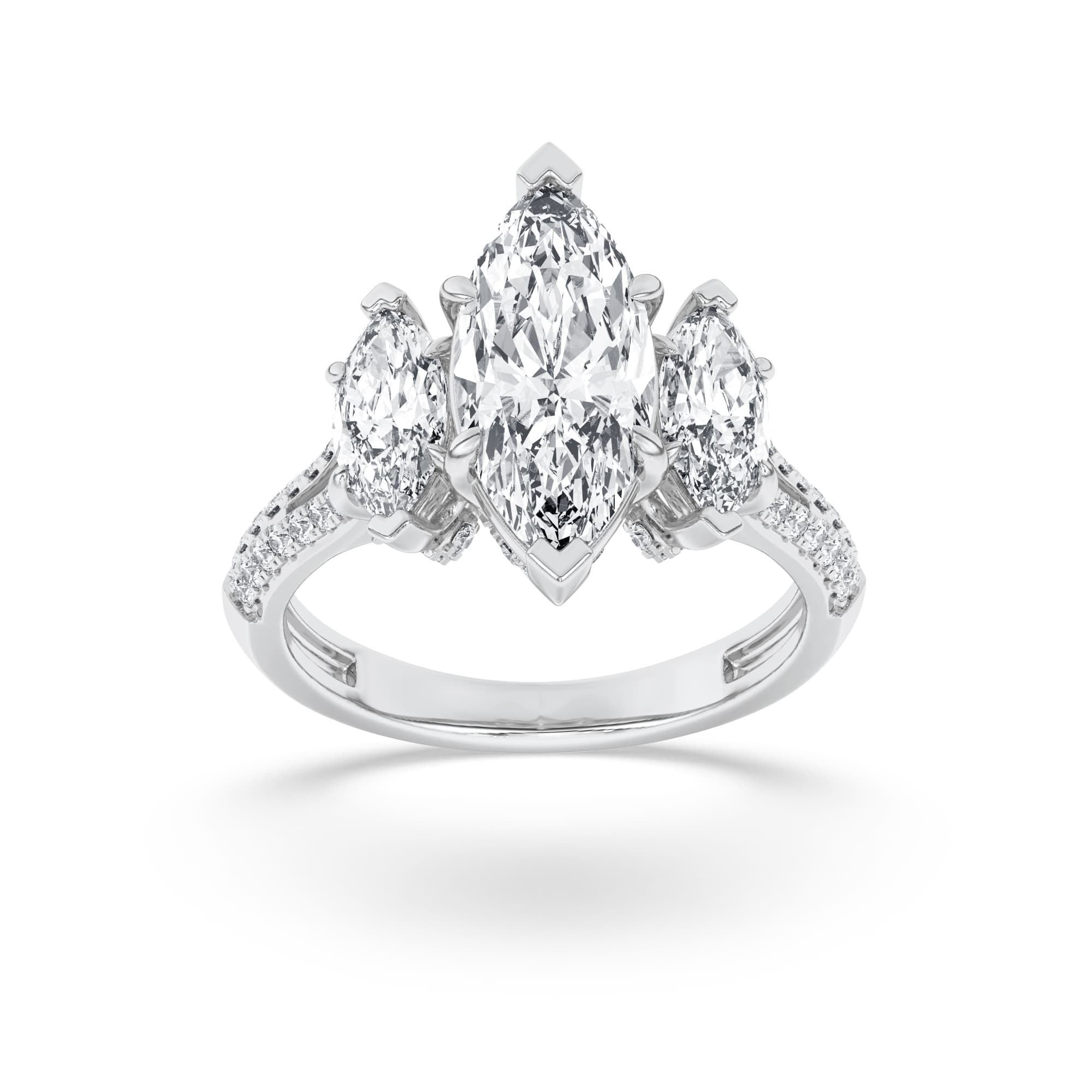 Marquise Lab Diamond Three Stone Accented Engagement Ring — 4 ct total weight in 14k white gold · product view 1