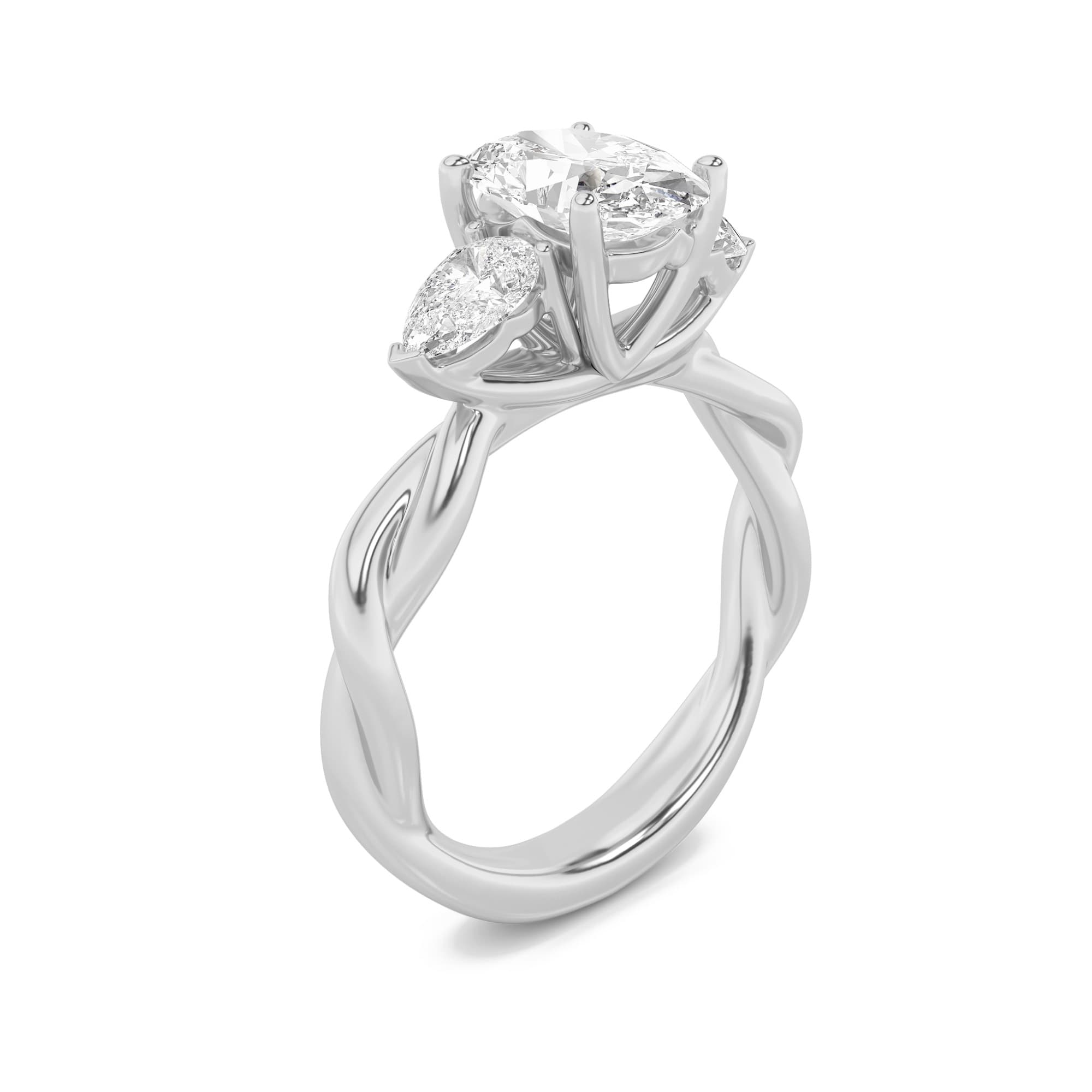 Oval Lab Diamond Three Stone Twisted Band Engagement Ring — 2 ct total weight in 14k white gold · product view 1