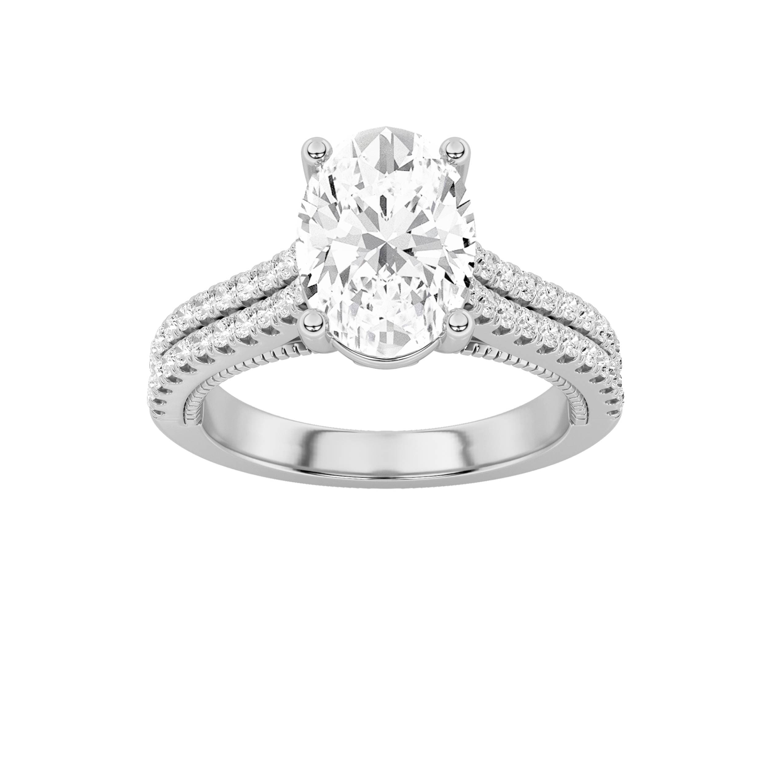 Oval Lab Diamond Two Row Fancy Accented Engagement Ring — 2 ct total weight in 14k white gold · product view 1