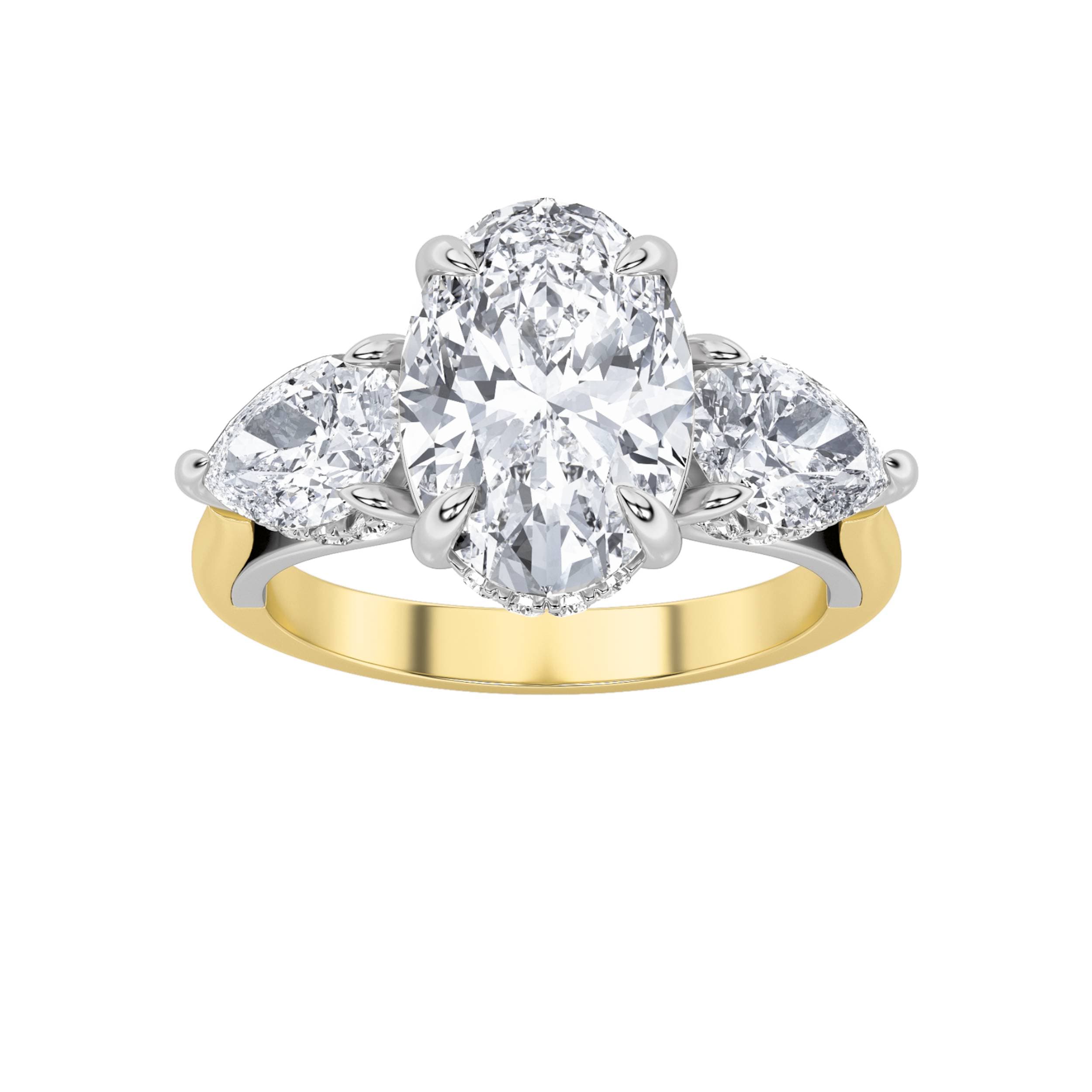 Oval Lab Diamond Accented Three Stone Ring — 4 ct total weight in 14k yellow gold · product view 1