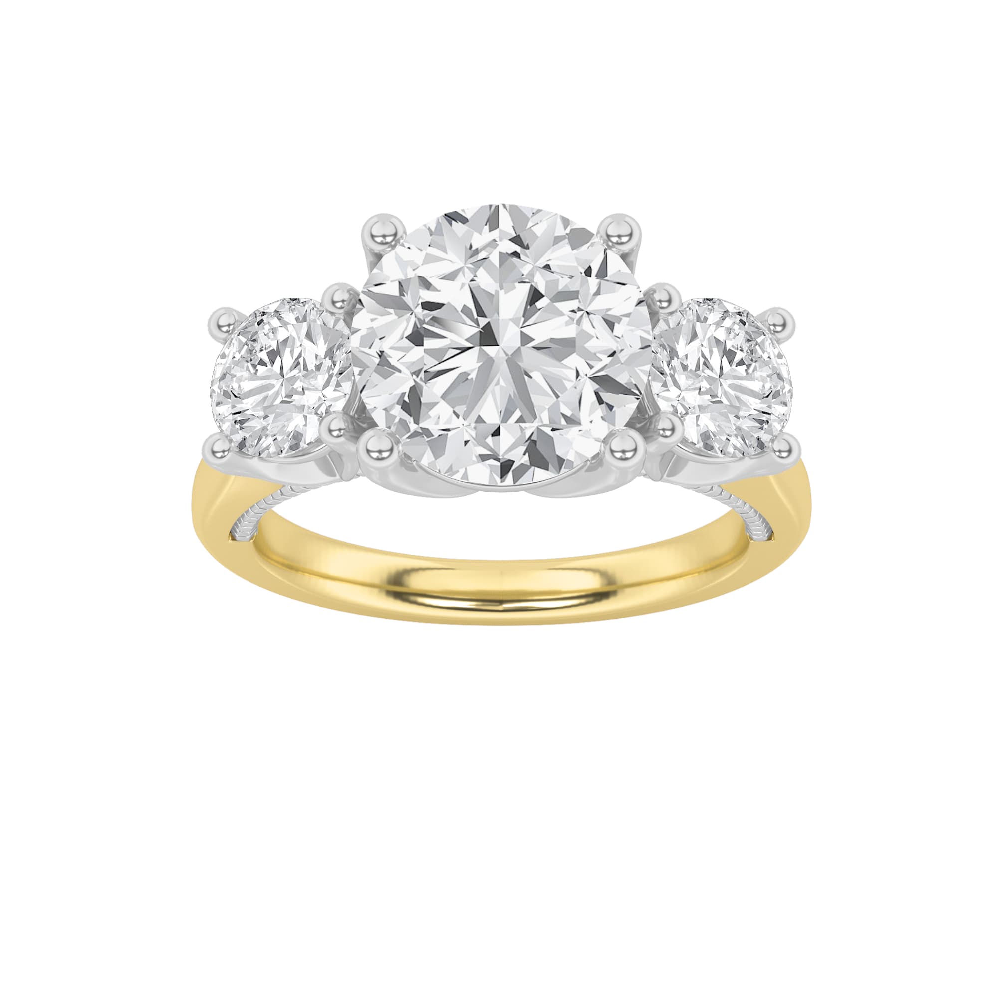 Round Lab Diamond Accented Three Stone Ring — 4 ct total weight in 14k yellow gold · product view 1