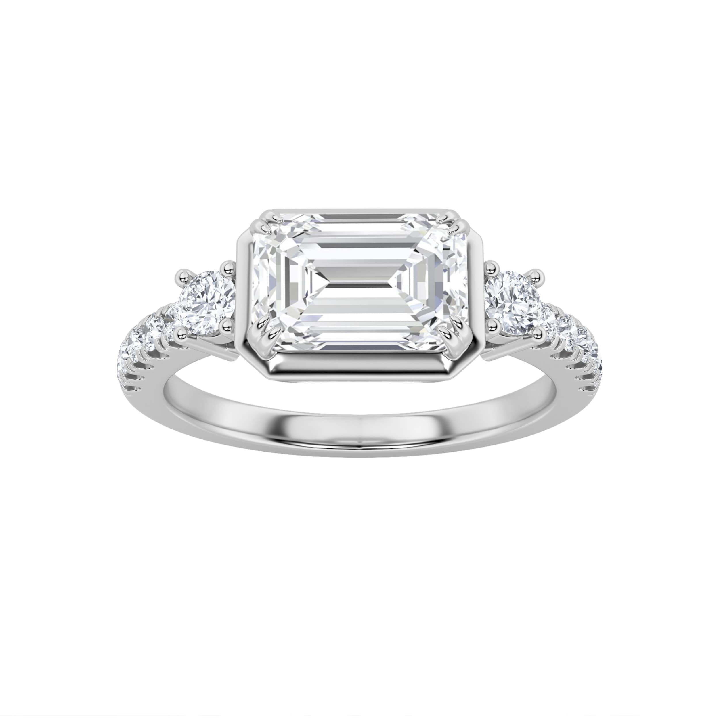 Emerald Lab Diamond East–West Accented Three Stone Ring — 2 ct total weight in 14k white gold · product view 1