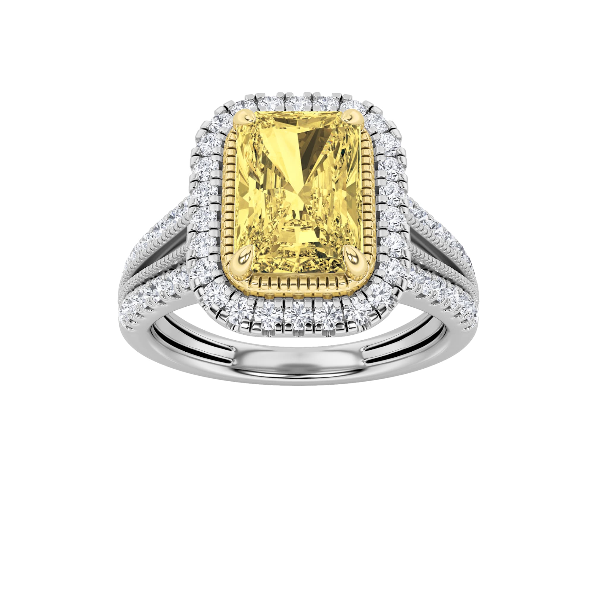 Radiant Fancy Yellow Lab Diamond Split Shank Halo Engagement Ring — 2.5 ct total weight in 14k white gold · product view 1
