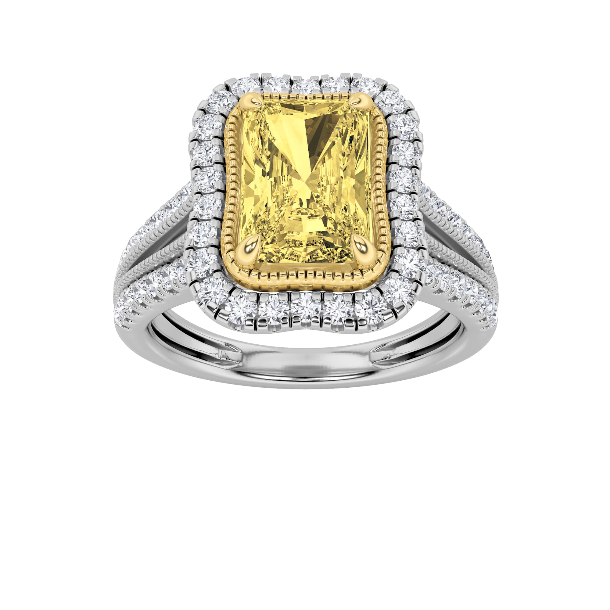 Radiant Fancy Yellow Lab Diamond Split Shank Halo Engagement Ring — 2.5 ct total weight in 14k white gold · product view 1