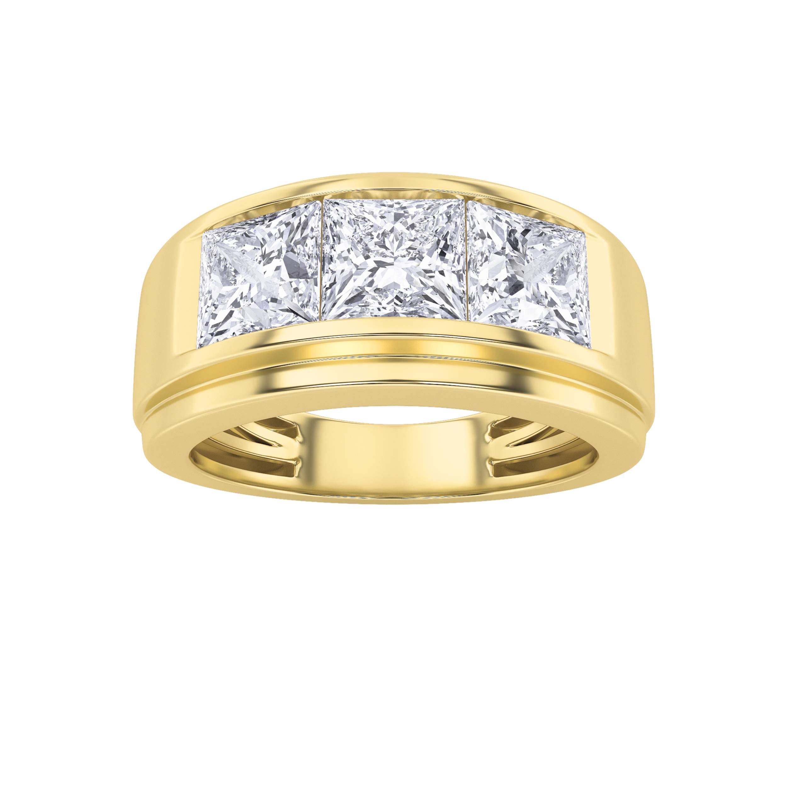 Princess Lab Diamond Three Stone Channel Set Men’s Ring — 3 ct total weight in 14k yellow gold · product view 1