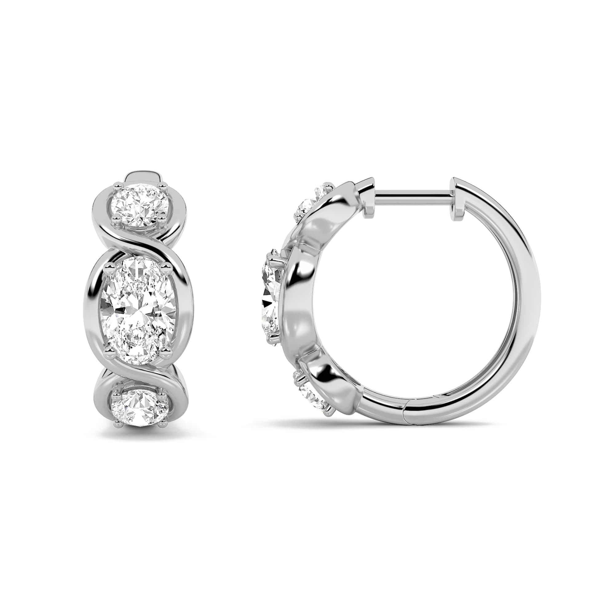Oval Lab Diamond Three Stone Huggie Earrings — 2.5 ct total weight in 14k white gold · product view 1