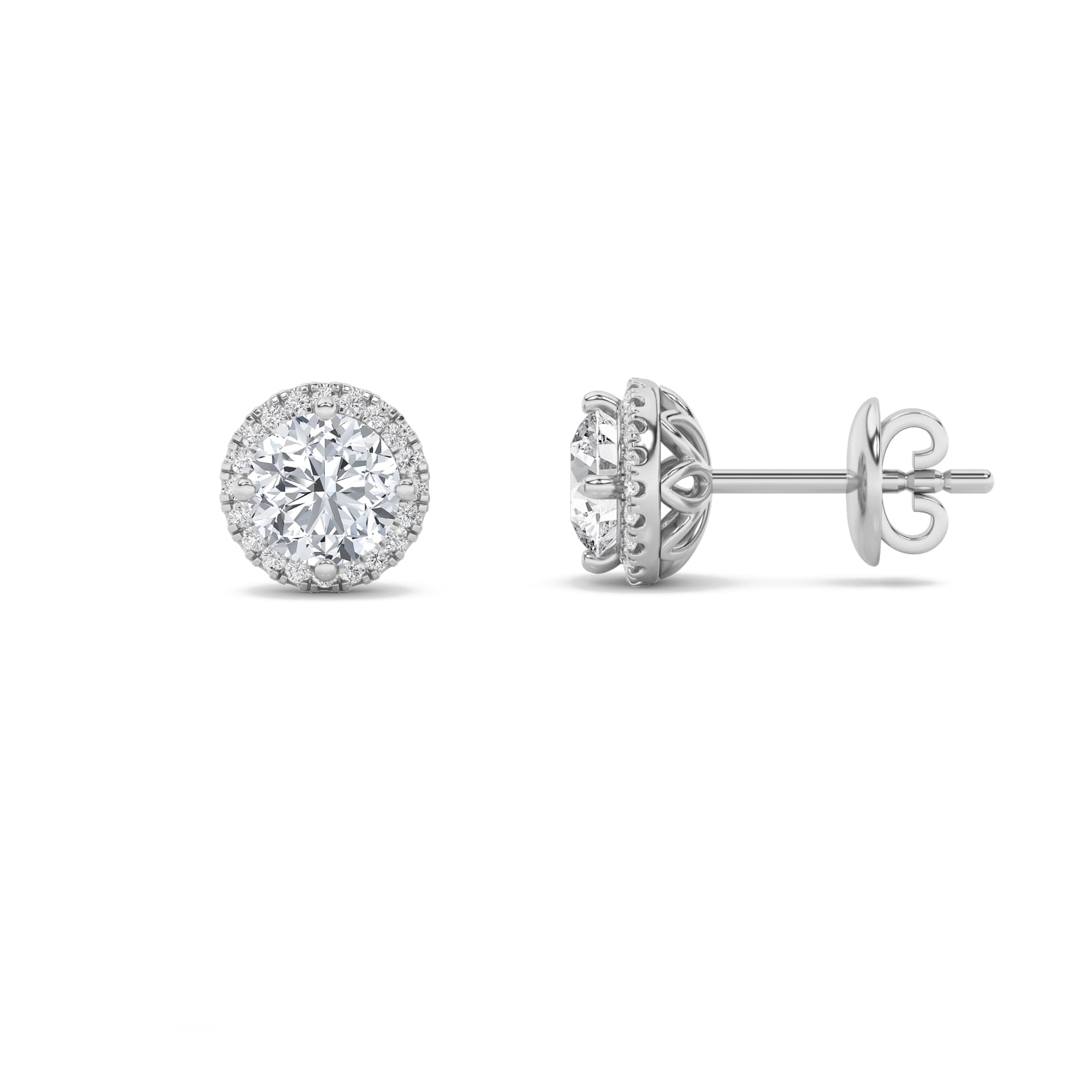 Round Lab Diamond Halo Stud Earrings — 1 ct total weight in 14k white gold · product view 1