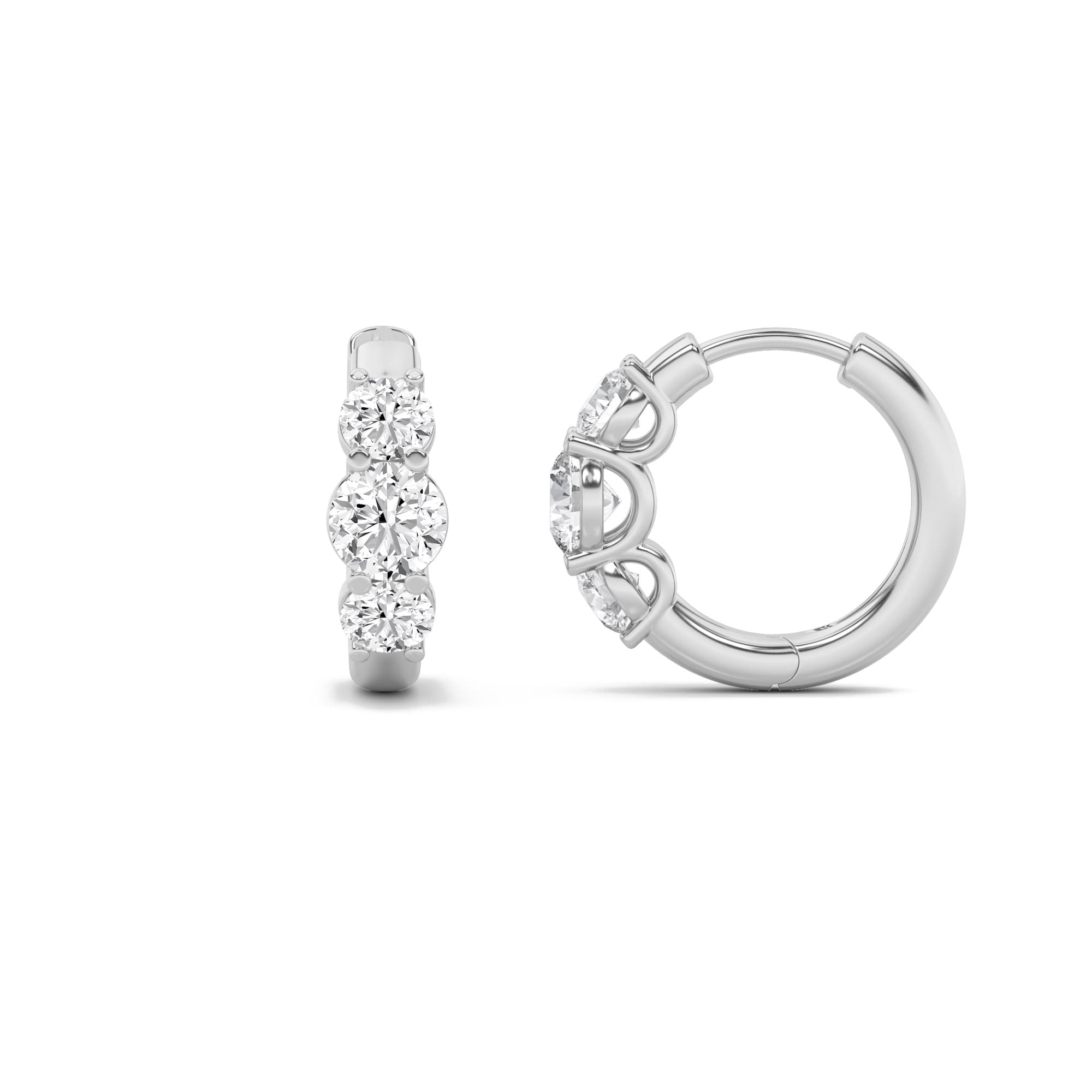 Round Lab Diamond ThreeStone Huggie Earrings — 2 ct total weight in 14k white gold · product view 13