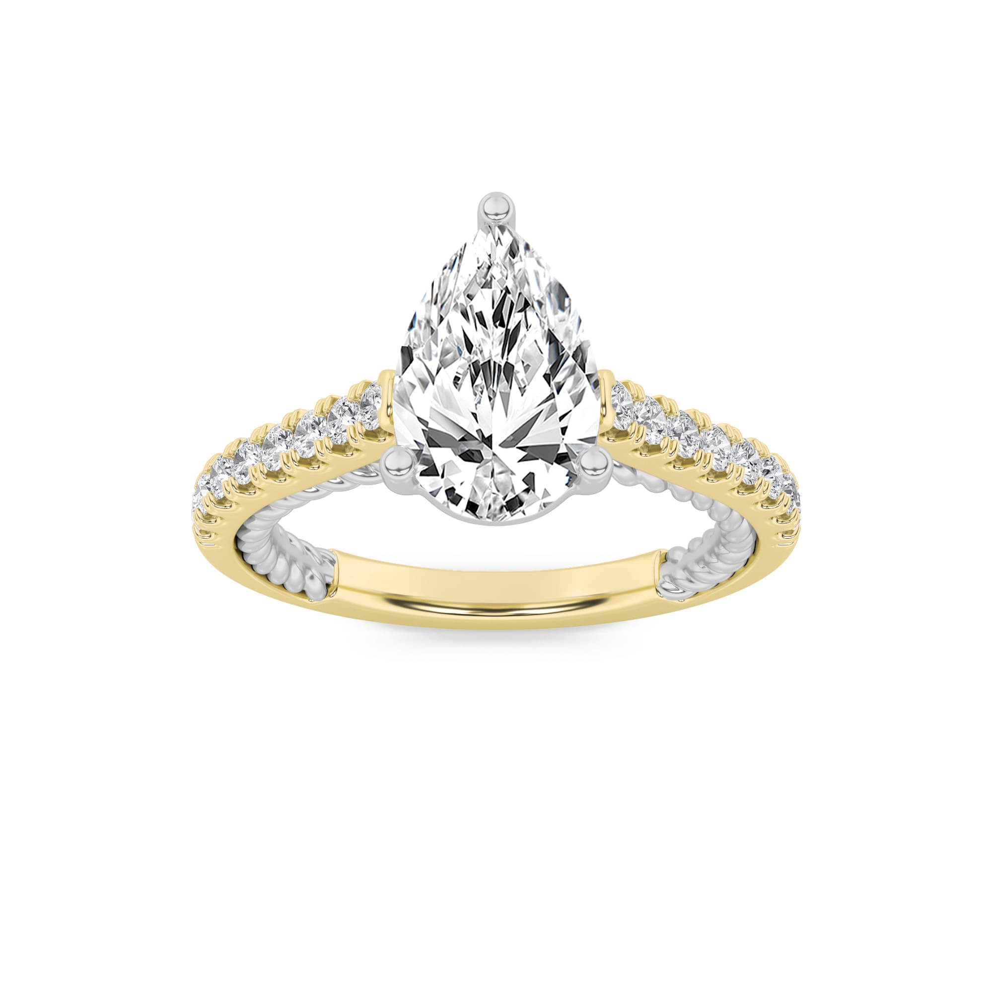 Pear Lab Diamond Two-Tone Accented Rope Design Engagement Ring — 2 ct total weight in 14k white gold · product view 1