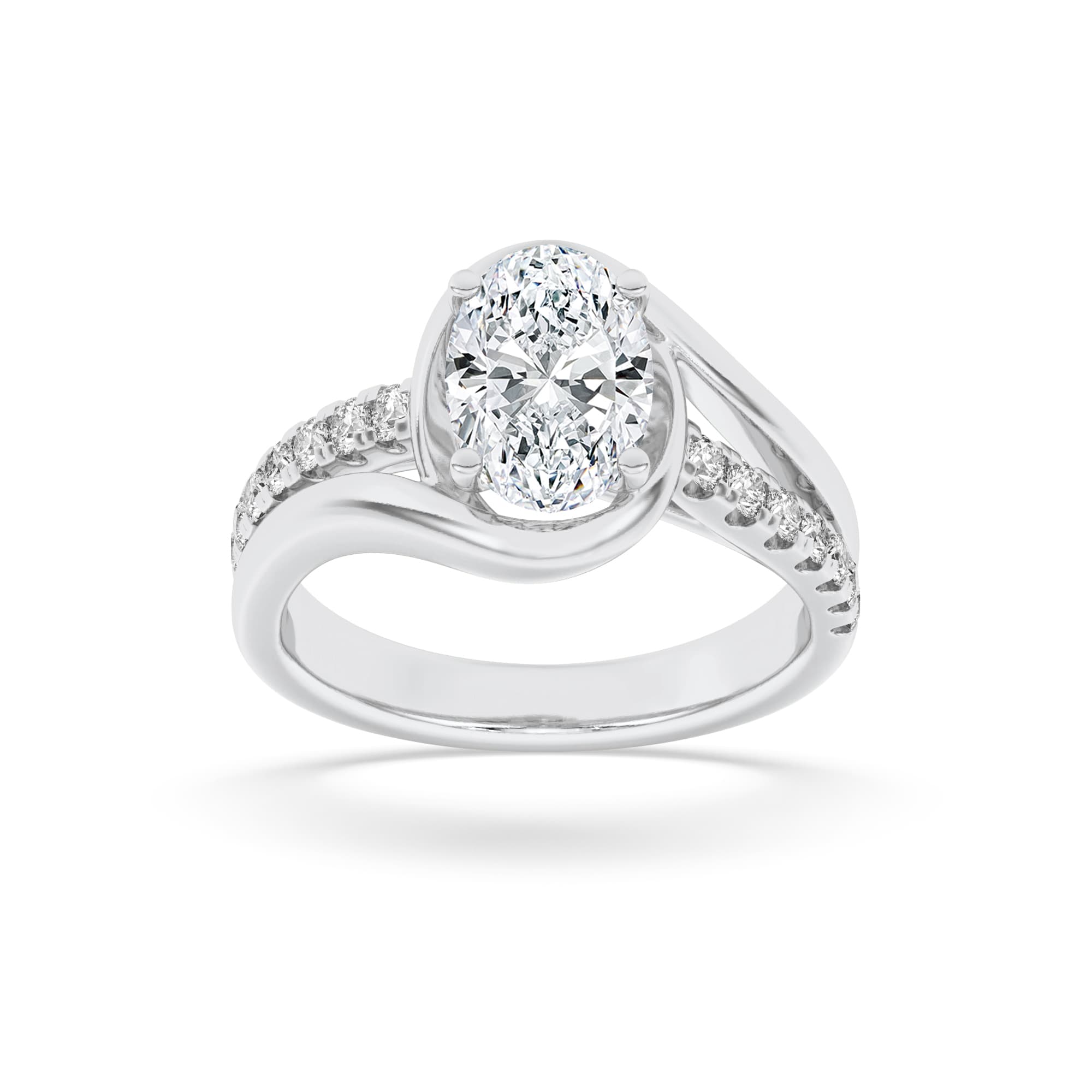 Oval Lab Diamond Swirl Shank Accented Engagement Ring — 2 ct total weight in 14k white gold · product view 1