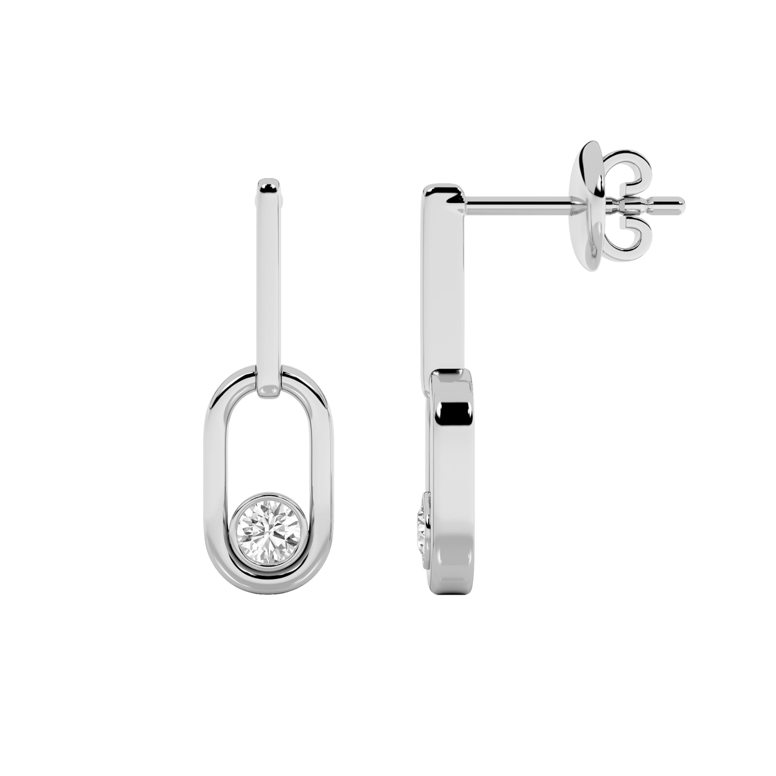 Round Lab Diamond Bezel Set Paperclip Dangle Earrings — 0.5 ct total weight in 14k white gold · product view 1