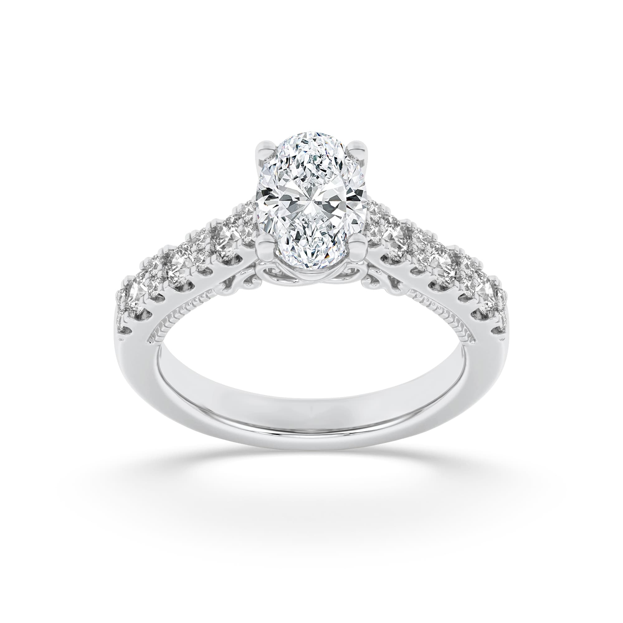 Oval Lab Diamond Accented Milgrain Engagement Ring — 2 ct total weight in 14k white gold · product view 1