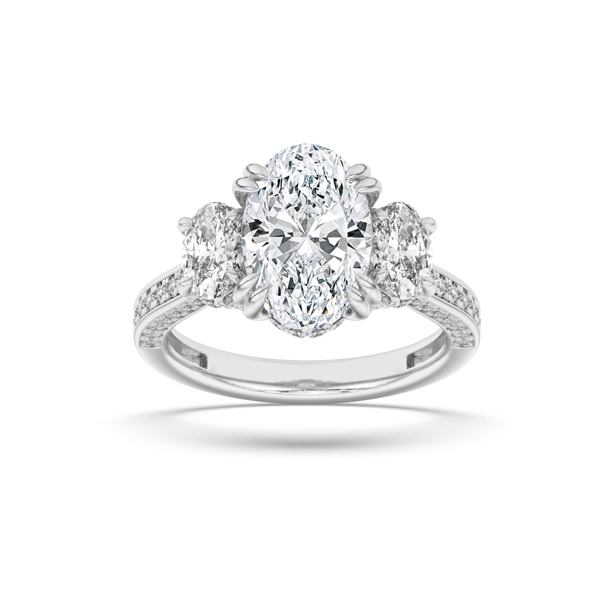 Oval Lab Diamond Three Stone Accented Engagement Ring — 3 ct total weight in 14k white gold · product view 1