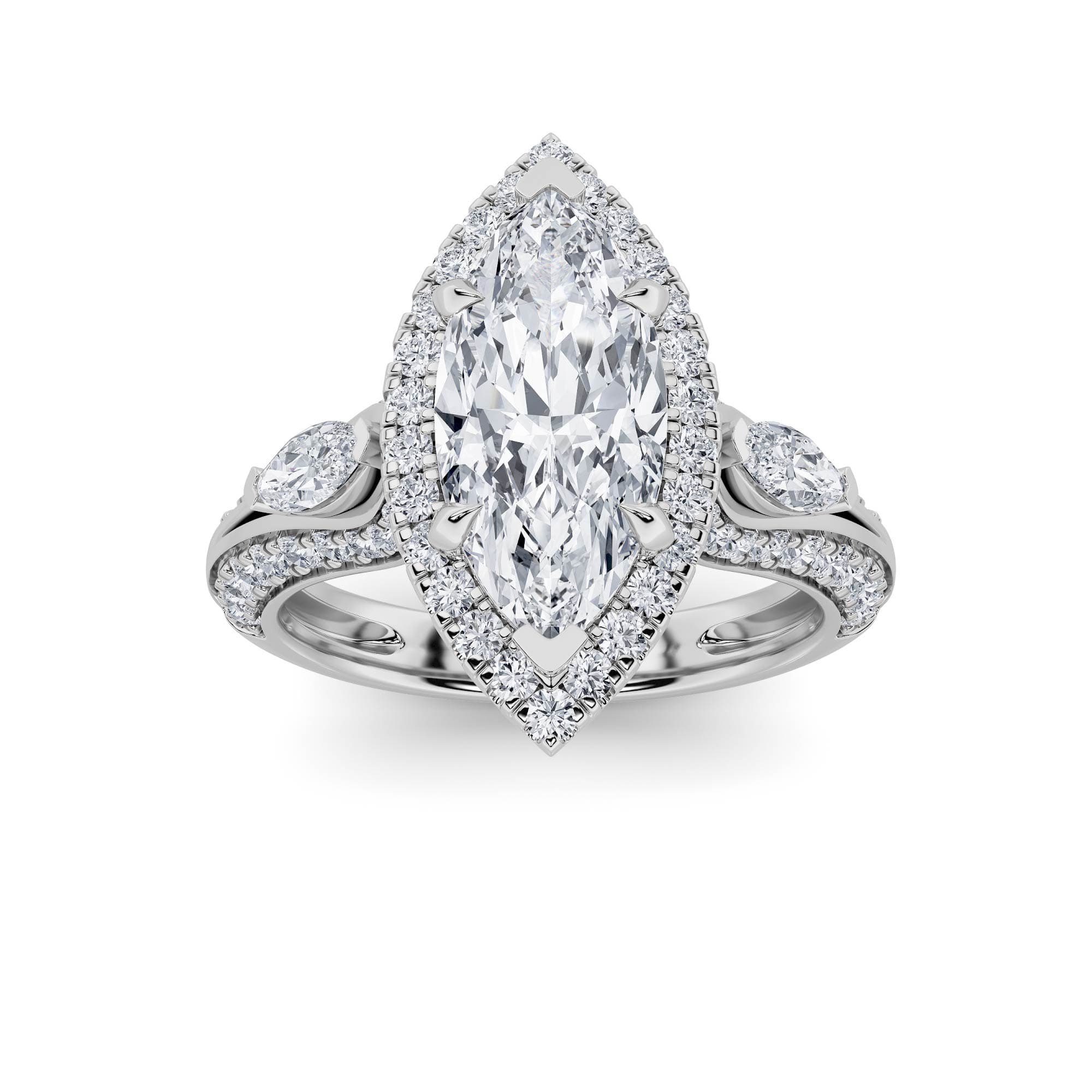 Marquise Lab Diamond Three Stone Halo Enagement Ring — 3 ct total weight in 14k white gold · product view 1