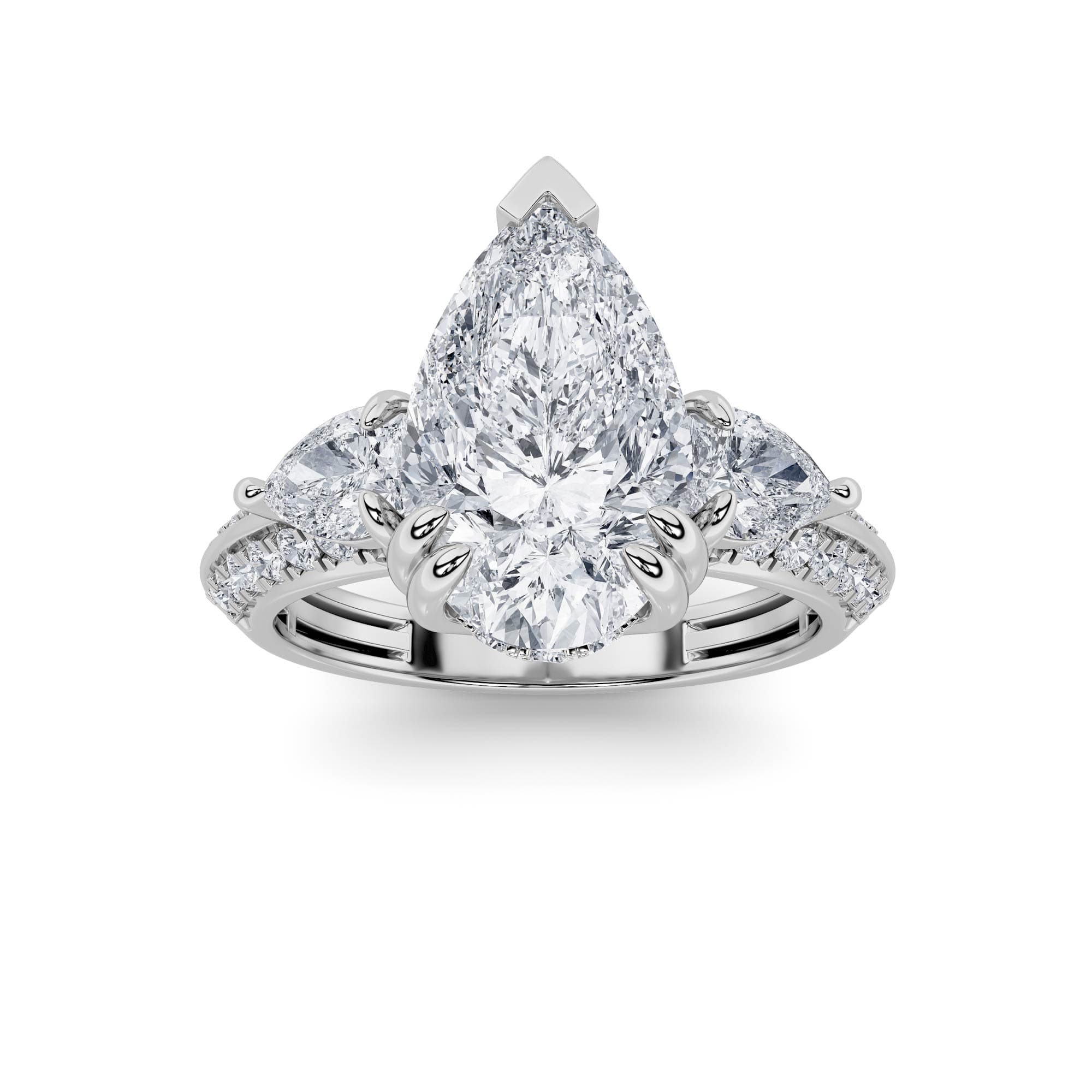 Pear Lab Diamond Three Stone Accented Engagement Ring — 3.5 ct total weight in 14k white gold · product view 1
