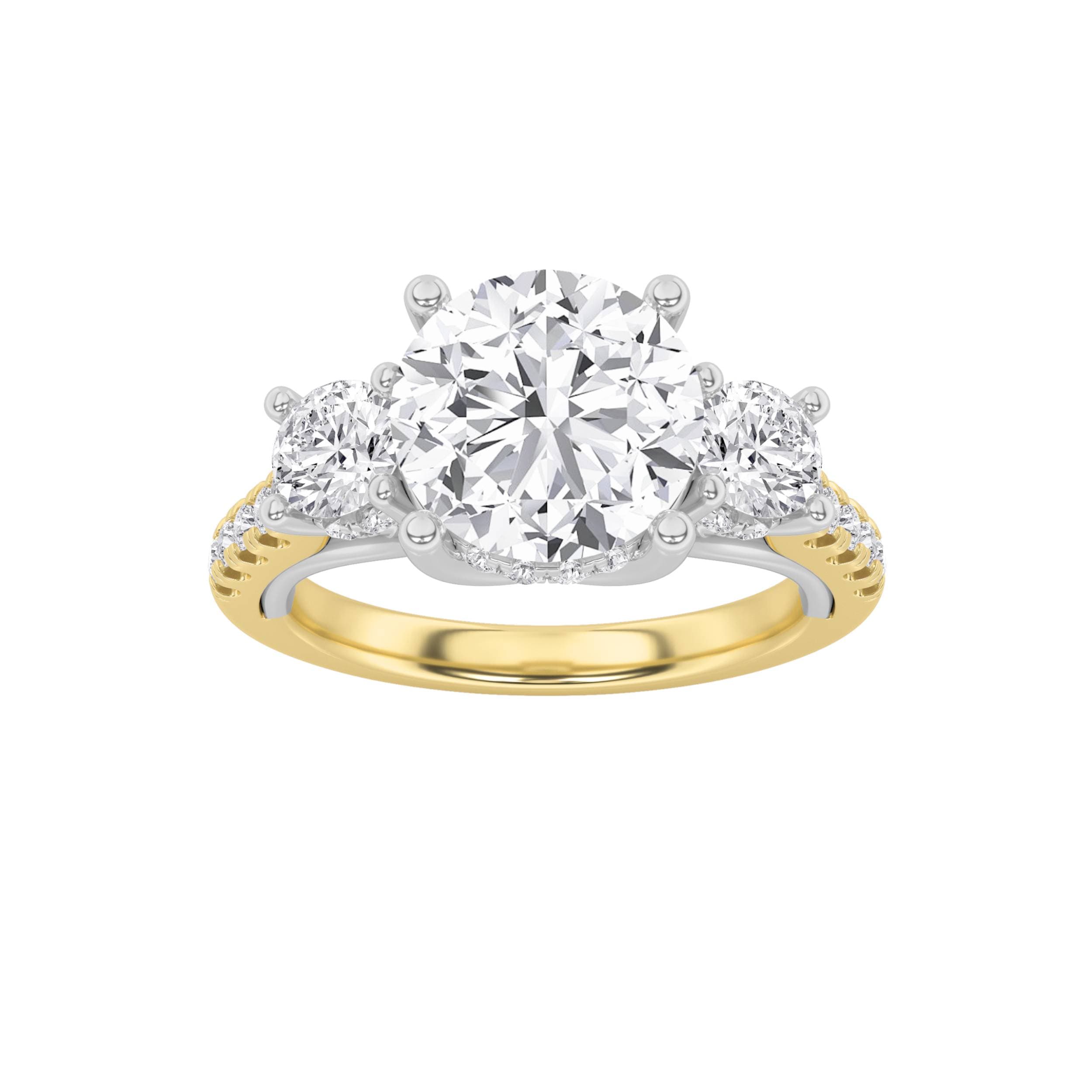Round Lab Diamond Accented Three Stone Ring — 3 ct total weight in 14k yellow gold · product view 1